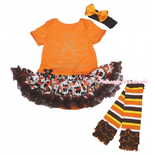Thanksgiving Orange Bodysuit Turkey Pumpkin Pettiskirt & Rhinestone Baby Turkey Print & Headband & Warmers Leggings JS4907