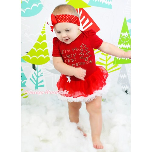 Christmas Red Baby Bodysuit Red White Pettiskirt & Sparkle Rhinestone It's My Very First Christmas Print JS4910