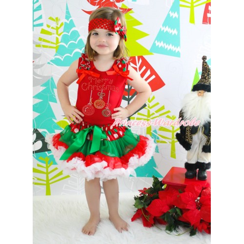 Red Baby Pettitop Red White Green Dots Ruffles Red Bows & Rhinestone Christmas Lights Print & Red White Green Dots Newborn Pettiskirt NG1893