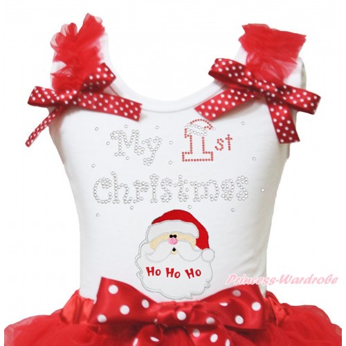Christmas White Tank Top Red Ruffles Minnie Dots Bow & Sparkle Rhinestone My 1st Christmas Santa Claus Print TB1371