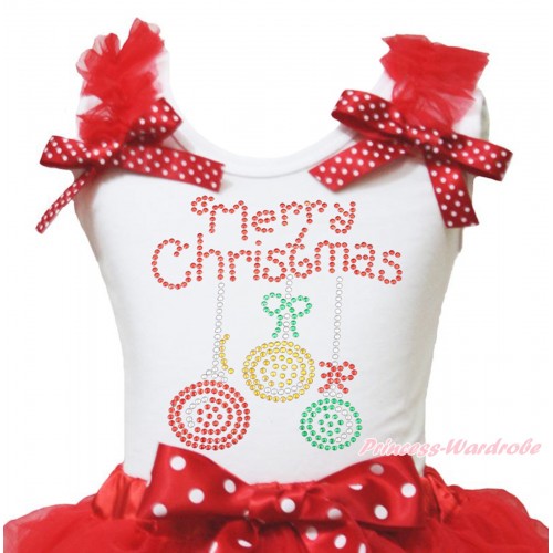 Christmas White Tank Top Red Ruffles Minnie Dots Bow & Sparkle Rhinestone Christmas Lights Print TB1372