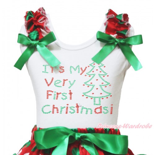 Christmas White Tank Top Red White Green Dots Ruffles Kelly Green Bow & Sparkle Rhinestone It's My Very First Christmas Print TB1373