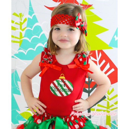 Christmas Red Tank Top Red White Green Dots Ruffles Red Bow & Red White Green Striped Christmas Lights Print TB1376