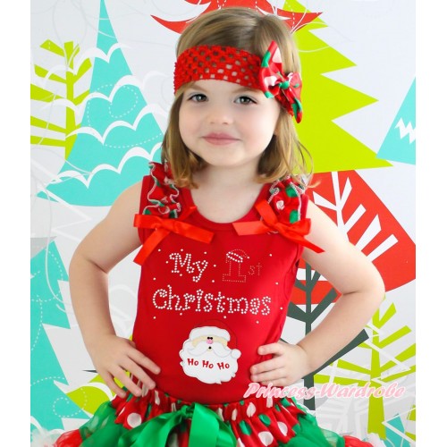 Christmas Red Tank Top Red White Green Dots Ruffles Red Bow & Sparkle Rhinestone My 1st Christmas Santa Claus Print TB1377