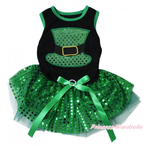 St Patrick's Day Black Sleeveless Kelly Green Bling Sequins Gauze Skirt & Sparkle Kelly Green Hat Print & Rhinestone Bow Pet Dress DC224