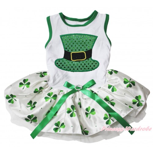 St Patrick's Day White Sleeveless Clover Gauze Skirt & Sparkle Kelly Green Hat Print & Kelly Green Rhinestone Bow Pet Dress DC308