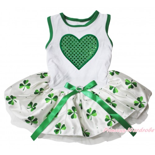 St Patrick's Day White Sleeveless Clover Gauze Skirt & Sparkle Kelly Green Heart Print & Kelly Green Rhinestone Bow Pet Dress DC309