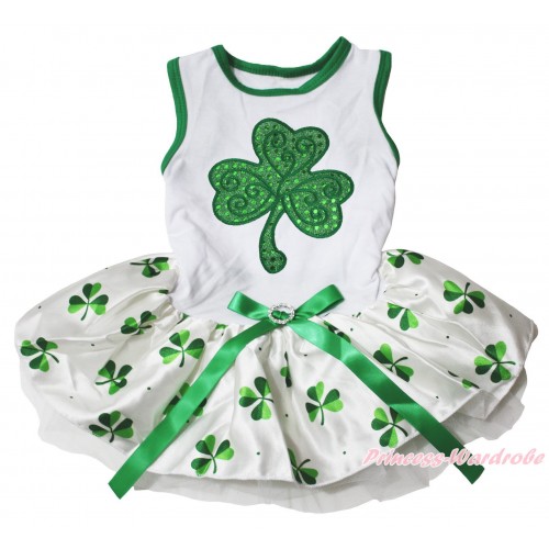 St Patrick's Day White Sleeveless Clover Gauze Skirt & Sparkle Kelly Green Clover Print & Kelly Green Rhinestone Bow Pet Dress DC310