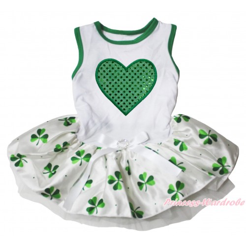 St Patrick's Day White Sleeveless Clover Gauze Skirt & Sparkle Kelly Green Heart Print & White Rhinestone Bow Pet Dress DC312