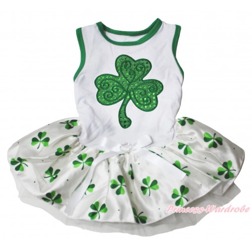St Patrick's Day White Sleeveless Clover Gauze Skirt & Sparkle Kelly Green Clover Print & White Rhinestone Bow Pet Dress DC314