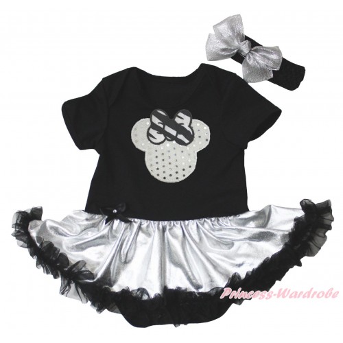 Black Baby Bodysuit Silver Black Pettiskirt & Sparkle White Minnie Print JS5331