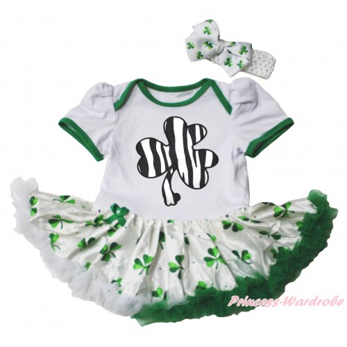 St Patrick's Day White Baby Bodysuit White Kelly Green Clover Pettiskirt & Zebra Clover Print JS5337