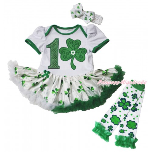 St Patrick's Day White Baby Bodysuit White Kelly Green Clover Pettiskirt & 1st Sparkle Kelly Green Birthday Number Clover Print & Warmers Leggings JS5338
