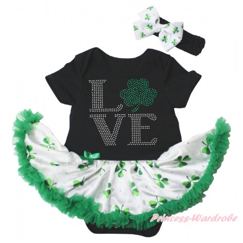 St Patrick's Day Black Baby Bodysuit White Kelly Green Clover Pettiskirt & Sparkle Rhinestone Love Clover Print JS5342