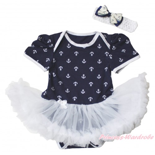 Dark Blue White Anchor Baby Bodysuit White Pettiskirt JS5345