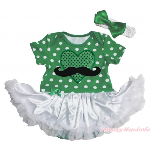 Valentine's Day Kelly Green White Dots Baby Bodysuit White Pettiskirt & Mustache Sparkle Kelly Green Heart Print JS5353
