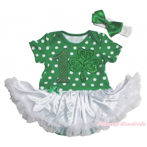 St Patrick's Day Kelly Green White Dots Baby Bodysuit White Pettiskirt & 1st Sparkle Kelly Green Birthday Number Clover Print JS5355