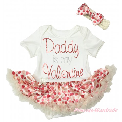Valentine's Day Cream White Baby Bodysuit Hot Light Red Heart Pettiskirt & Sparkle Crystal Bling Rhinestone Daddy Is My Valentine Print JS5359