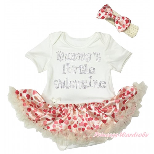 Valentine's Day Cream White Baby Bodysuit Hot Light Red Heart Pettiskirt & Sparkle Rhinestone Mummy's Little Valentine Print JS5363