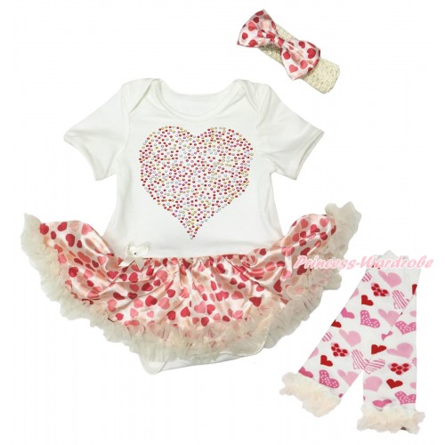 Valentine's Day Cream White Baby Bodysuit Hot Light Red Heart Pettiskirt & Sparkle Crystal Bling Rhinestone Rainbow Heart Print & Warmers Leggings JS5366