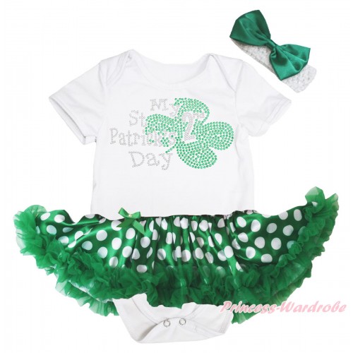 St Patrick's Day White Baby Bodysuit Green White Dots Pettiskirt & Sparkle Rhinestone My 2nd St Patrick's Day Print JS5369