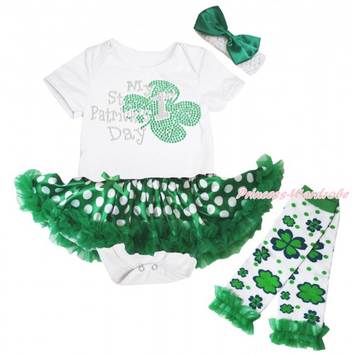 St Patrick's Day White Baby Bodysuit Green White Dots Pettiskirt & Sparkle Rhinestone My 1st St Patrick's Day Print & Warmers Leggings JS5370