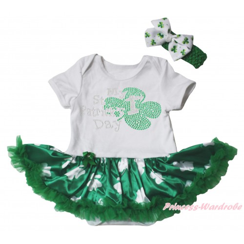 St Patrick's Day White Baby Bodysuit Kelly Green Clover Pettiskirt & Sparkle Rhinestone My 1st St Patrick's Day Print JS5373