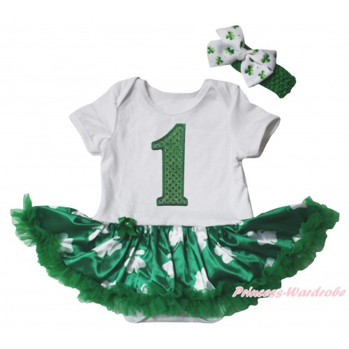 St Patrick's Day White Baby Bodysuit Kelly Green Clover Pettiskirt & 1st Sparkle Kelly Green Birthday Number Print JS5375