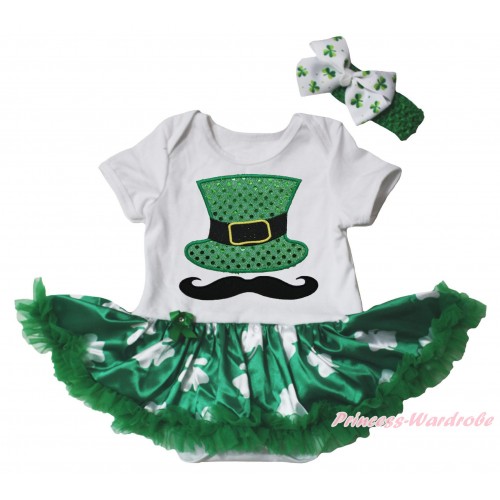 St Patrick's Day White Baby Bodysuit Kelly Green Clover Pettiskirt & Mustache Sparkle Kelly Green Hat Print JS5376