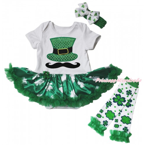 St Patrick's Day White Baby Bodysuit Kelly Green Clover Pettiskirt & Mustache Sparkle Kelly Green Hat Print & Warmers Leggings JS5377