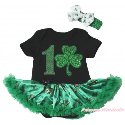 St Patrick's Day Black Baby Bodysuit Kelly Green Clover Pettiskirt & 1st Sparkle Kelly Green Birthday Number Clover Print JS5382