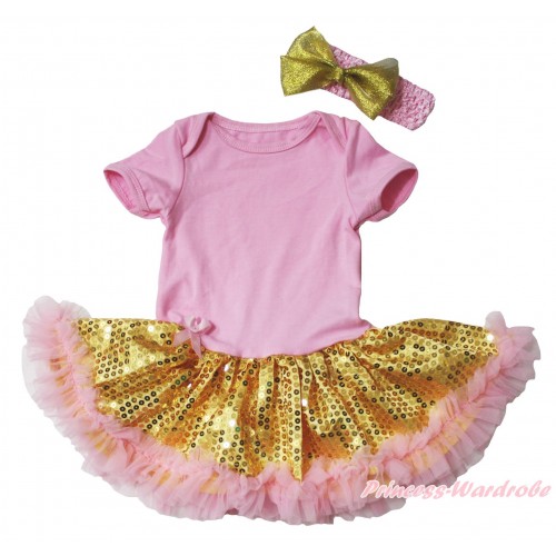 Light Pink Baby Bodysuit  Bling Gold Sequins Light Pink Pettiskirt & Light Pink Headband Goldenrod Bow JS5385