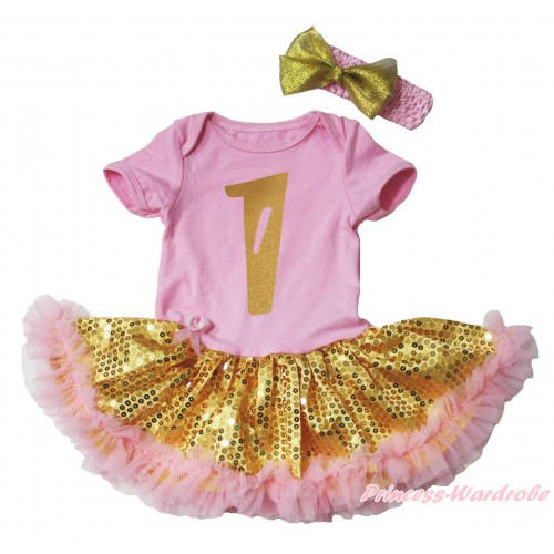 Light Pink Baby Bodysuit  Bling Gold Sequins Light Pink Pettiskirt & 1st Sparkle Gold Birthday Number Painting & Light Pink Headband Goldenrod Bow JS5386