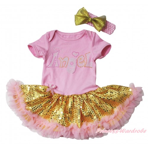 Light Pink Baby Bodysuit  Bling Gold Sequins Light Pink Pettiskirt & Sparkle Rhinestone Angel Print & Light Pink Headband Goldenrod Bow JS5387