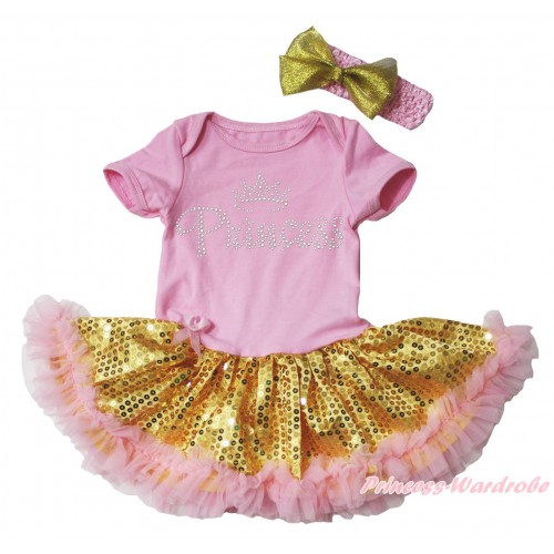 Light Pink Baby Bodysuit  Bling Gold Sequins Light Pink Pettiskirt & Sparkle Crystal Bling Rhinestone Princess Print & Light Pink Headband Goldenrod Bow JS5388