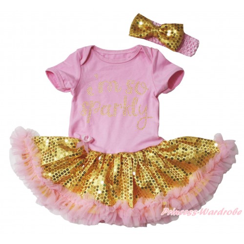 Light Pink Baby Bodysuit Bling Gold Sequins Light Pink Pettiskirt & Sparkle Rhinestone Gold I'm Sparkly Print & Light Pink Headband Bling Gold Sequins Bow JS5392