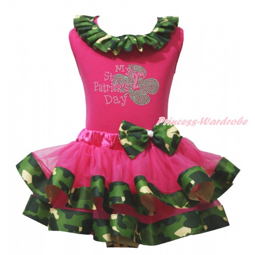 St Patrick's Day Hot Pink Tank Top Camouflage Lacing & Sparkle Rhinestone My 2nd St Patrick's Day Print & Hot Pink Camouflage Trimmed Pettiskirt MG2219