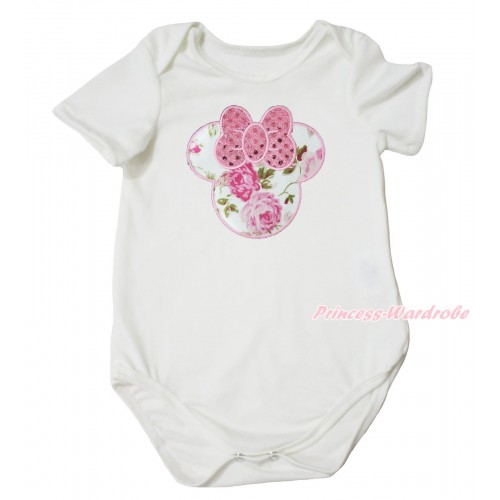 Cream White Baby Jumpsuit & Sparkle Light Pink Rose Minnie Print TH681