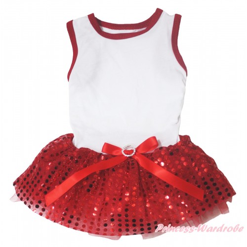 White Red Piping Sleeveless Red Bling Sequins Gauze Skirt & Red Rhinestone Bow Pet Dress DC315