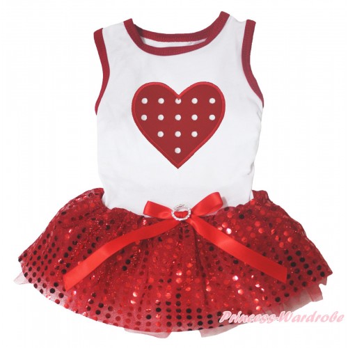 Valentine's Day White Red Piping Sleeveless Red Bling Sequins Gauze Skirt & Red White Polka Dots Heart Print & Red Rhinestone Bow Pet Dress DC317