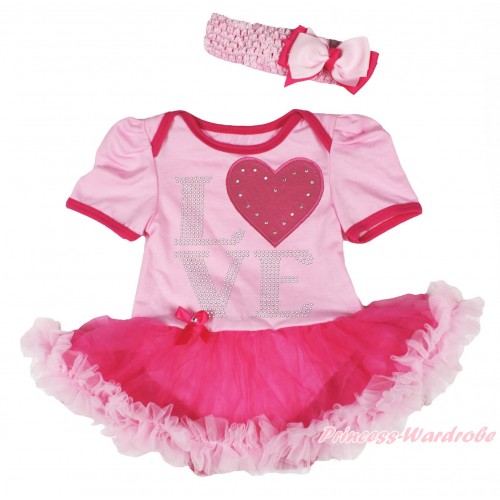Valentine's Day Light Pink Baby Bodysuit Jumpsuit Hot Light Pink Pettiskirt & Sparkle Rhinestone Love Hot Pink Heart Print JS5395