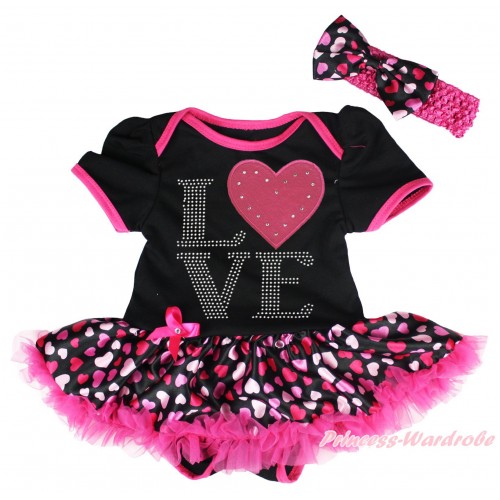 Valentine's Day Black Baby Bodysuit Hot Pink Heart Pettiskirt & Sparkle Rhinestone Love Hot Pink Heart Print JS5396