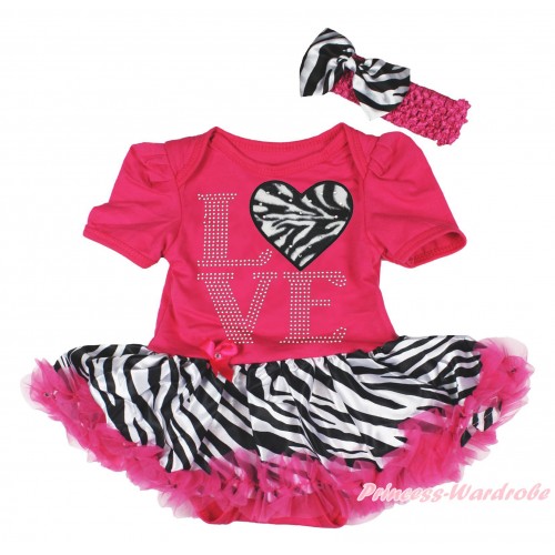 Valentine's Day Hot Pink Baby Bodysuit Zebra Pettiskirt & Sparkle Rhinestone Love Zebra Heart Print JS5400