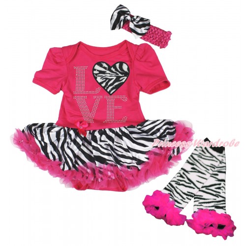 Valentine's Day Hot Pink Baby Bodysuit Zebra Pettiskirt & Sparkle Rhinestone Love Zebra Heart Print & Warmers Leggings JS5402