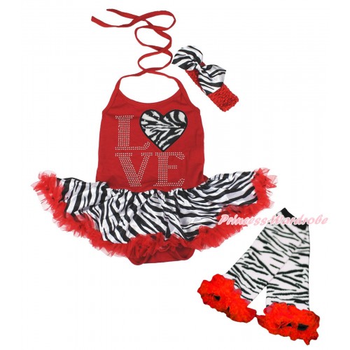 Valentine's Day Red Baby Bodysuit Halter Jumpsuit Red Zebra Pettiskirt & Sparkle Rhinestone Love Zebra Heart Print & Warmers Leggings JS5407