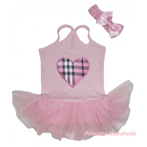 Light Pink Baby Halter Jumpsuit Light Pink Checked Heart Print & Light Pink Pettiskirt JS5897