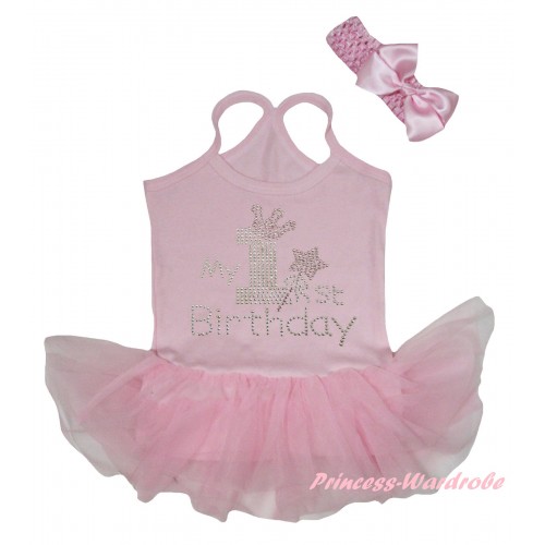 Light Pink Baby Halter Jumpsuit Sparkle Rhinestone My 1st Birthday Print & Light Pink Pettiskirt JS5900