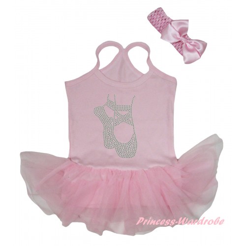 Light Pink Baby Halter Jumpsuit Sparkle Rhinestone Ballet Shoes Print & Light Pink Pettiskirt JS5901