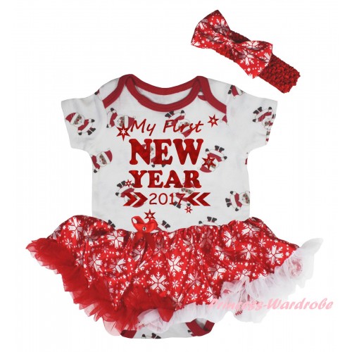 White Santa Claus Baby Bodysuit Red White Snowflakes Pettiskirt & Sparkle My First New Year 2017 Painting JS5925