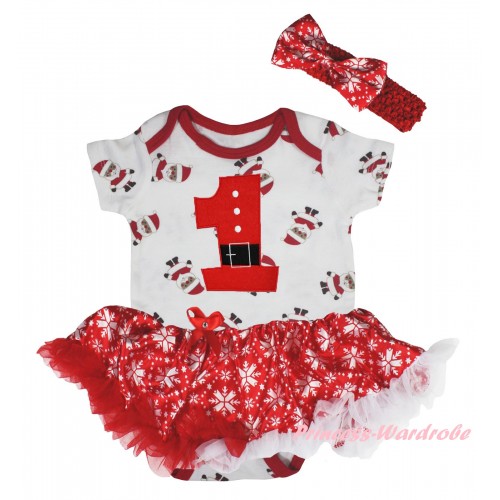 Christmas White Santa Claus Baby Bodysuit Red White Snowflakes Pettiskirt & 1st Santa Claus Number Print JS5929